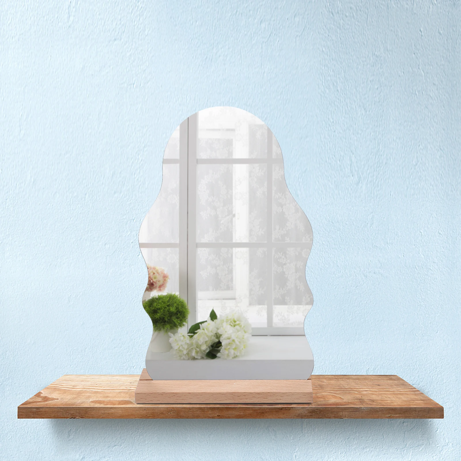 

Acrylic Makeup Wooden Base Single Sided Portable Desk Bedroom Living Room Office Stylish Movable Vanity Mirror Irregular Shape