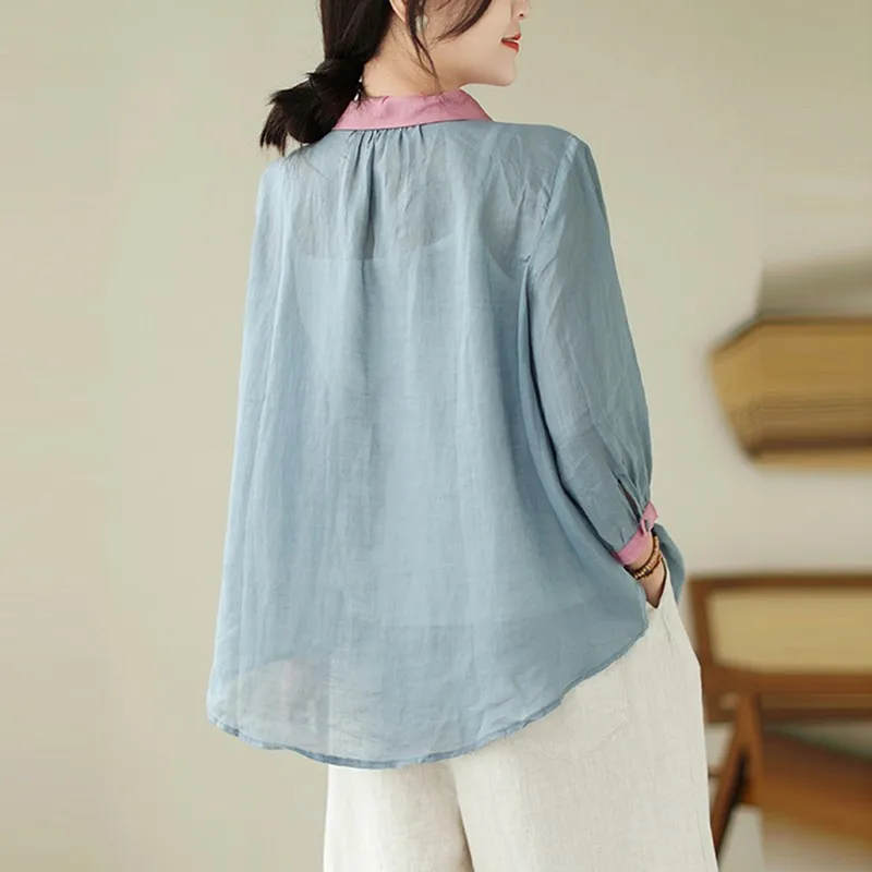 Women Summer Casual Shirt New Arrival 2024 Vintage Style Solid Color Basics Loose Thin Female Cotton Tops Shirts B3617