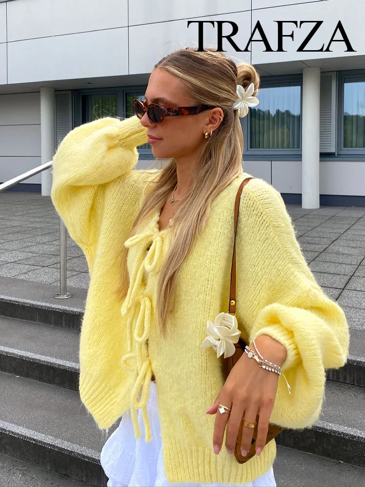 TRAFZA Women Autumn Fashion Knitted Sweaters Yellow O-Neck Petal Sleeve Bow Lace-up Decoration Female Casual Versatile Cardigans