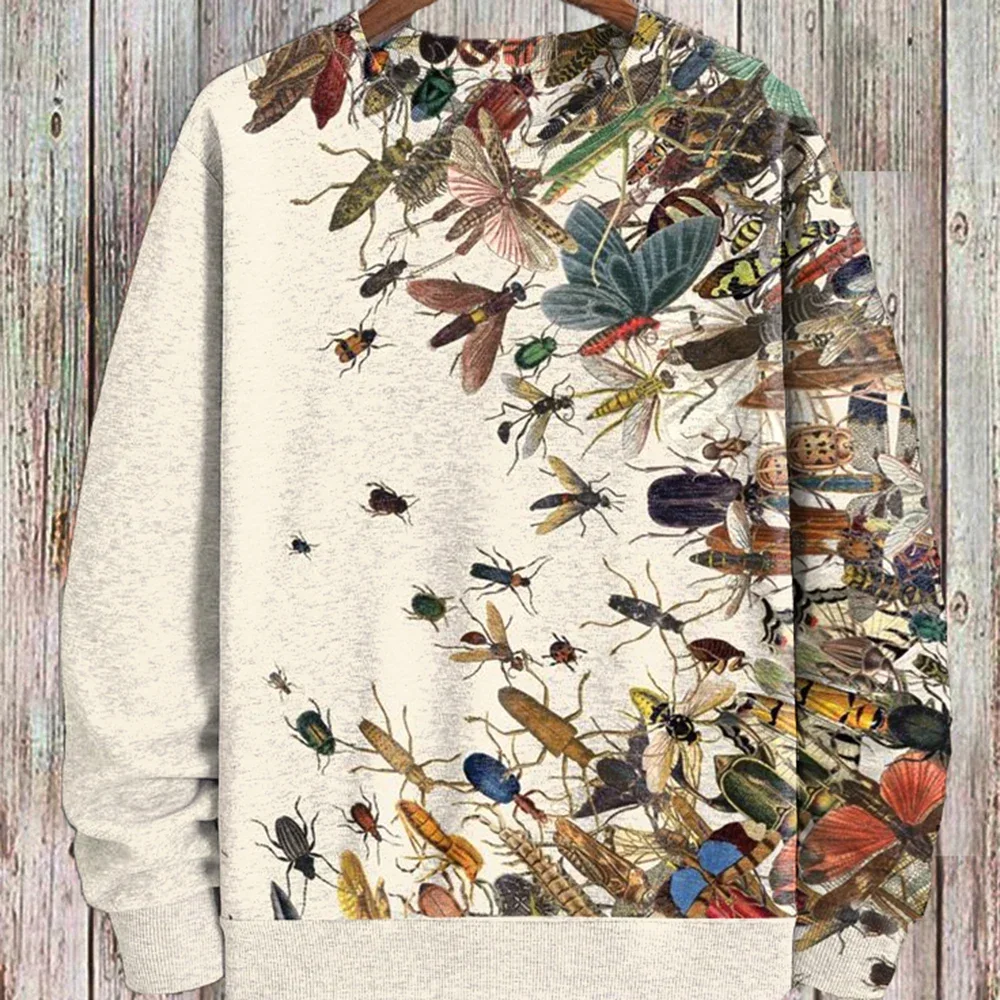 2024 Spring and Summer Men's Retro Long Sleeve Top Bee Bohemian Art Print Pullover Casual Sweater Fashion Casual