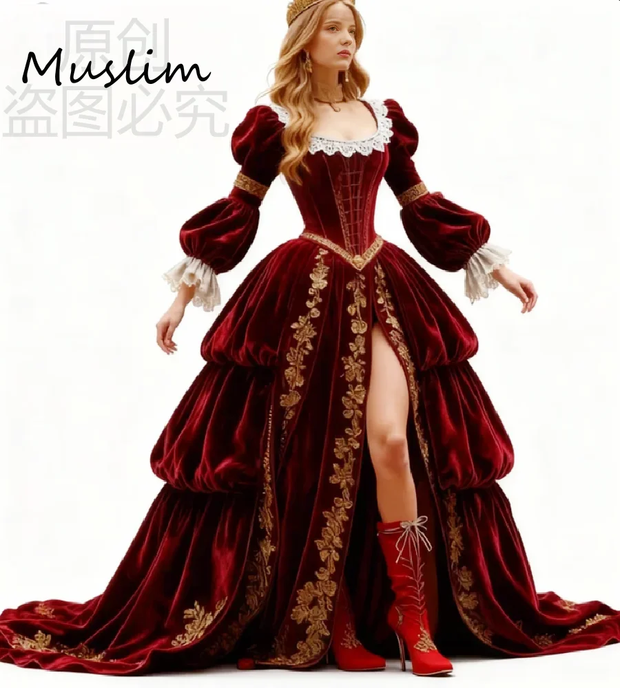 Vintage rode Victoriaanse avondjurk lange mouw kant Renaissance galajurk 2026 hoge split middeleeuwse tijdloze ceremonie formeel