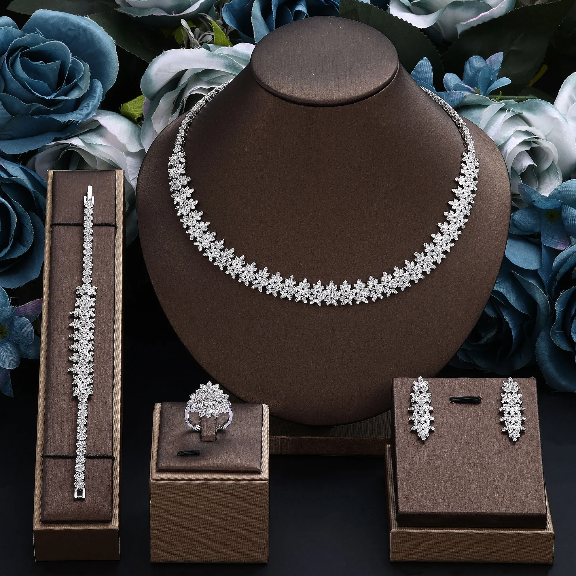 

Cubic Zirconia Bride Jewelry Sets for Women Luxury Flower 4-piece Necklace Earrings Wedding Dress Bridal Necklace Sets 2024