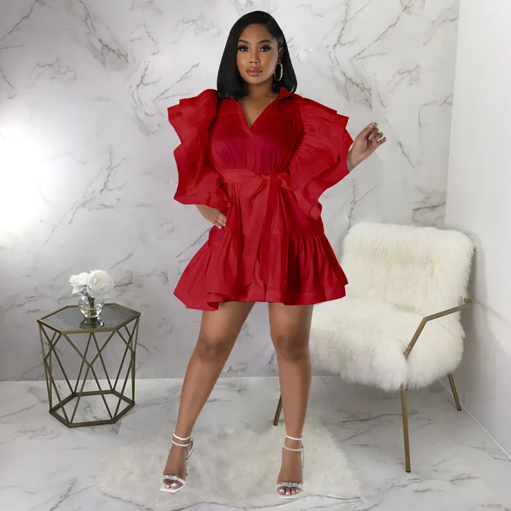 Women Ruffles Flare Clock Sleeve Turn-down Collar Front Button Smock Babydoll Big Swing Dresses 2024 INS Street Dress