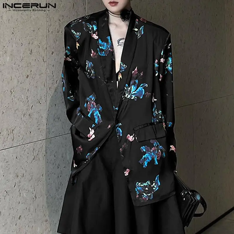 INCEURN Men Casual Blazer Notch Collar Long Sleeve One Button Vintage Floral Printed Party Clubwear Suit Autumn Outwear Jacket