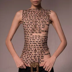 Y2k Off shoulder Bodycon Letter Sleeveless Crop Top Sexy Club Outfit For Women Summer Sleeveless Mesh See Through Tank Top