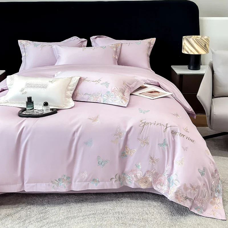 Svetanya Butterfly Flowers Embroidery Underwear Egyptian Cotton Bedding Set 4pcs Sheet Duvet Cover Pillowcase Linens