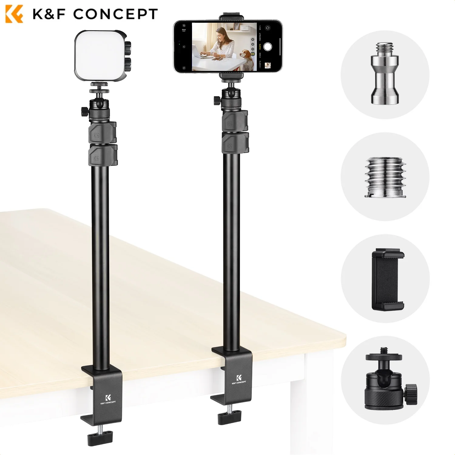 

K&F CONCEPT Camera Desk Mount 360° Ball Head Phone Clip 1/4"-3/8" Screw 16"-37" Adjustable Light Stand C-Clamp for DSLR,Webcom