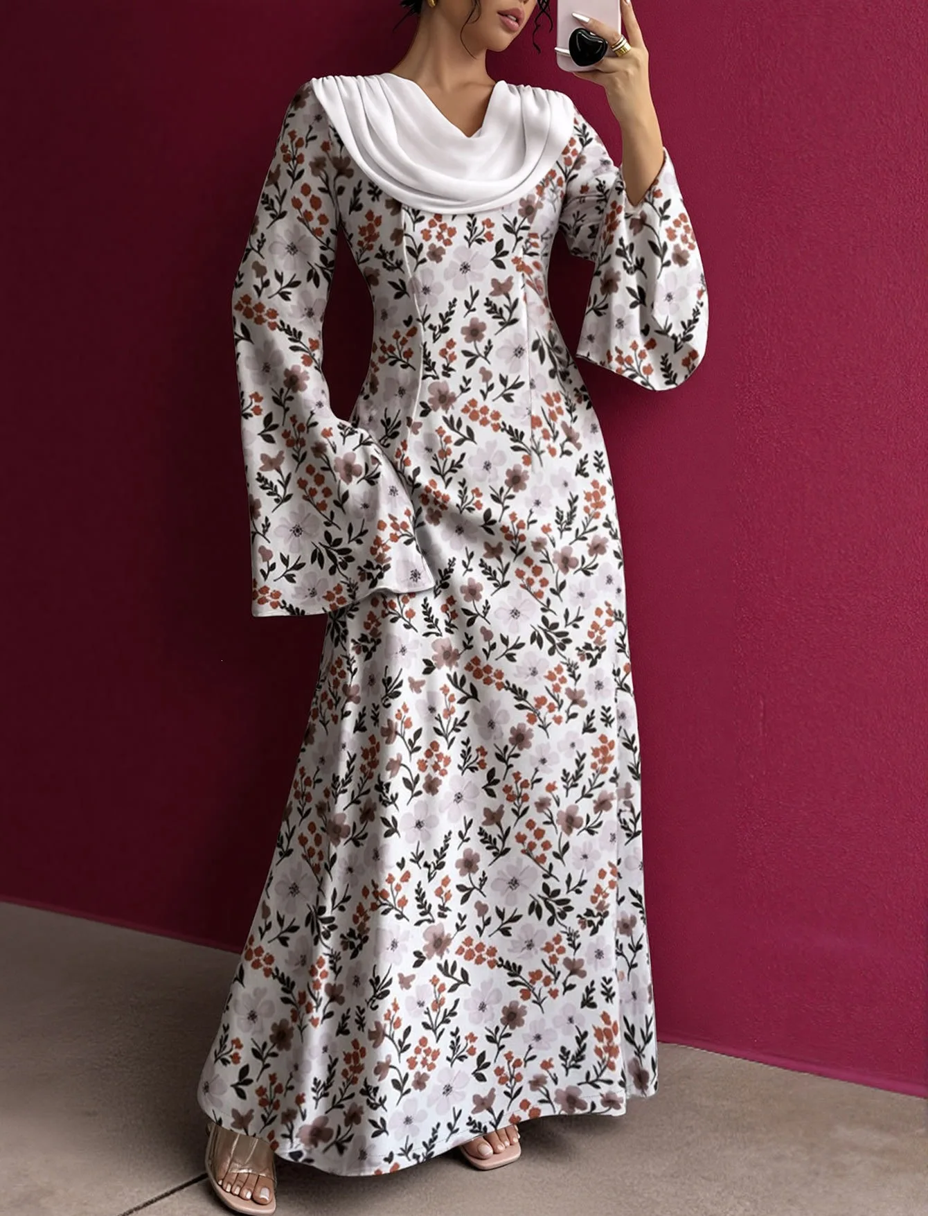 Elegantes Damen-Maxikleid mit Blumenmuster und Langen Ärmeln 2026 Herbst Slim Fit Hohe Taille Langes Abendkleid für Party, Abendveranstaltungen und Urlaub