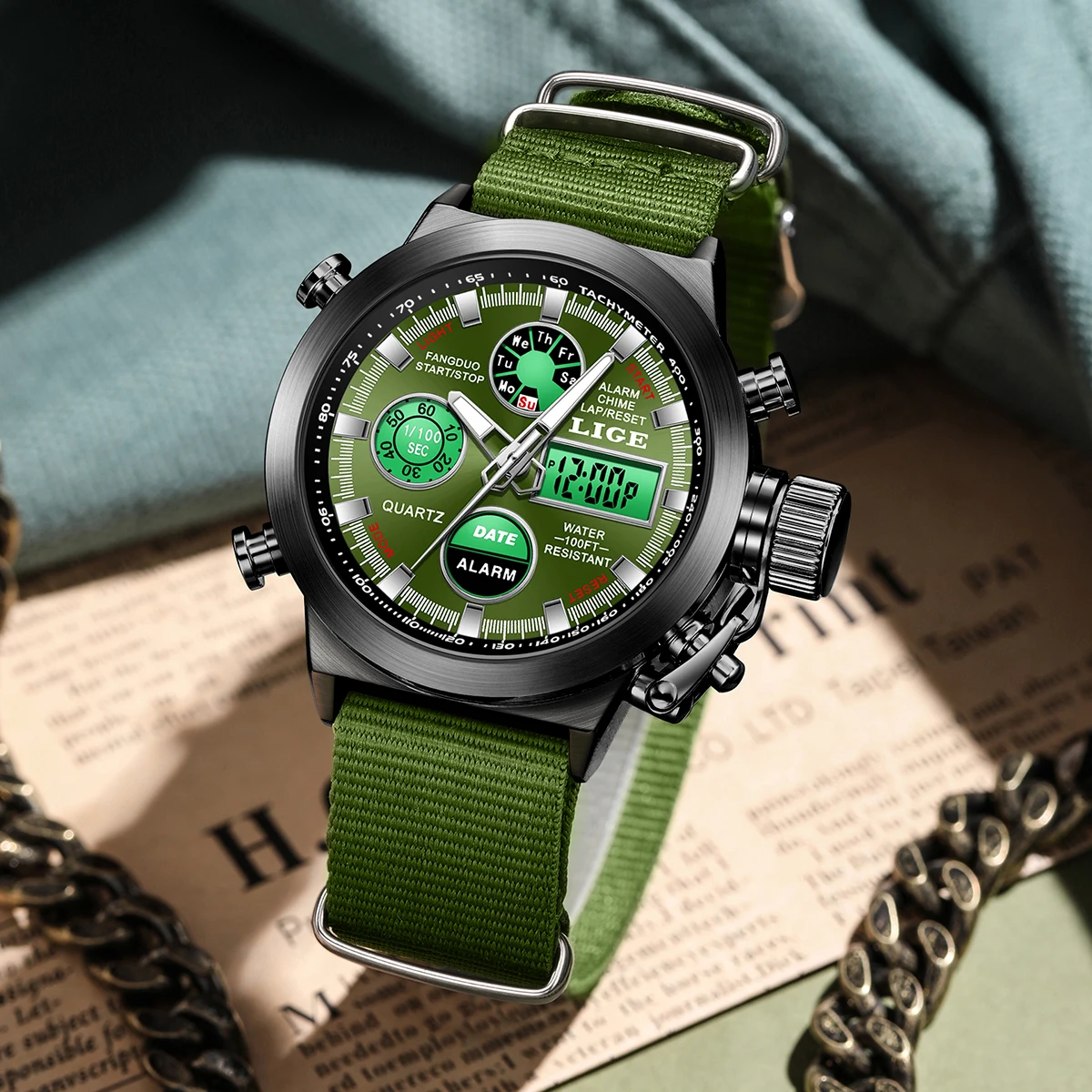 LIGE electronic watch 2026 men's watch fashion LED dual display luminous week alarm clock military quartz watches for men reloj