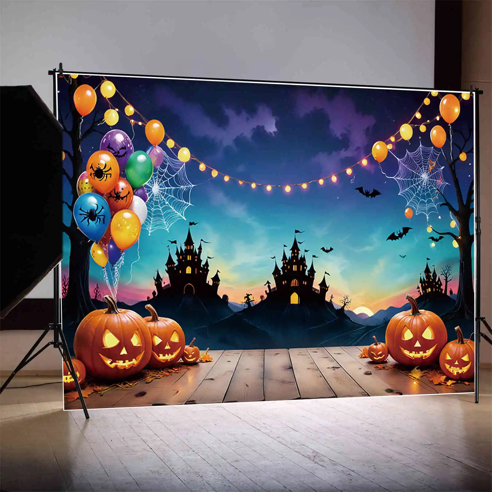 MOON.QG Neon Pumpkin Halloween Backdrops Photography Children Party Decor Photocall Backgrounds Photo Studio Photobooth Props