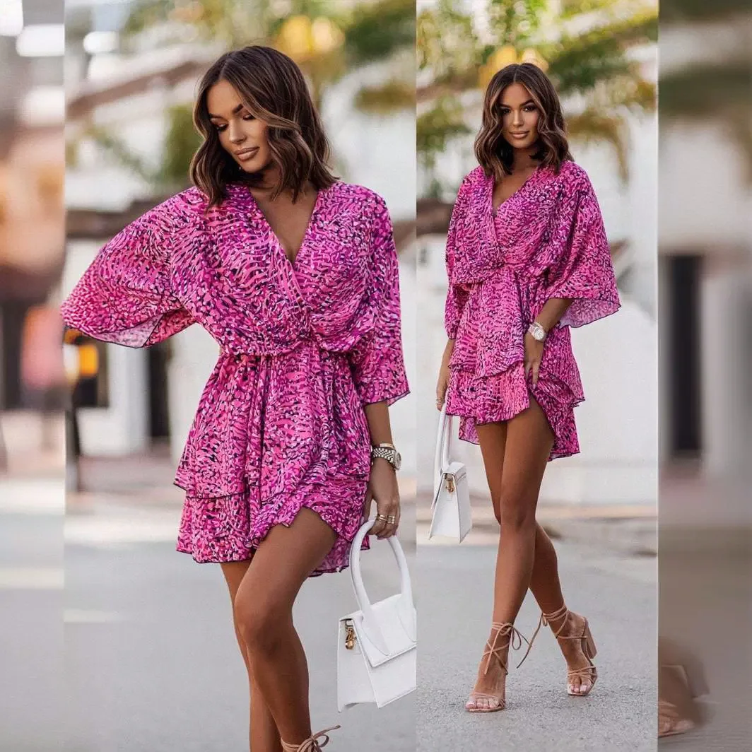 Elegant Women's Printed  Dress Jurken Met Korte Mouwen Elbise Robe Vestidos Elegantes Mujer Women's Clothes Vestidos Verano