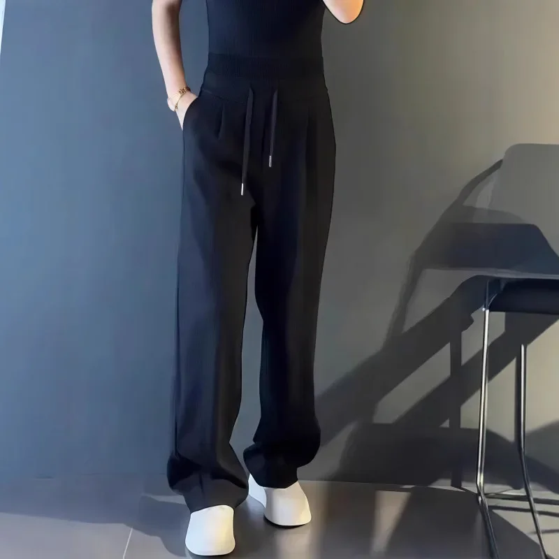 2025 Summer New Fashion American Men's Solid Color Drawstring Casual Trendy Loose Wide Leg Straight Trousers Male Pants Clothes