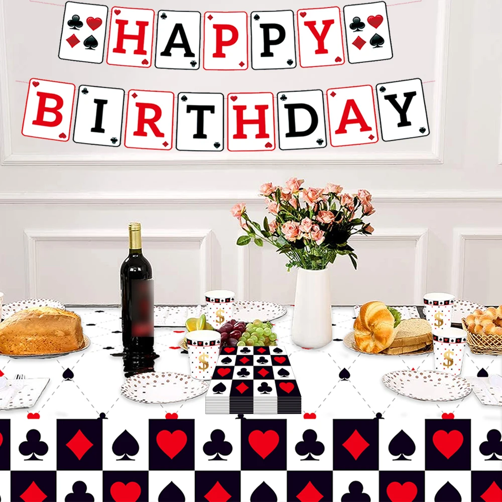 Casino Poker Karte Party Dekorationen Teller Tassen Servietten Happy Sign Banner Tischdecke Luftballons Las Vegas Geburtstag Party Supplies – Detail 4
