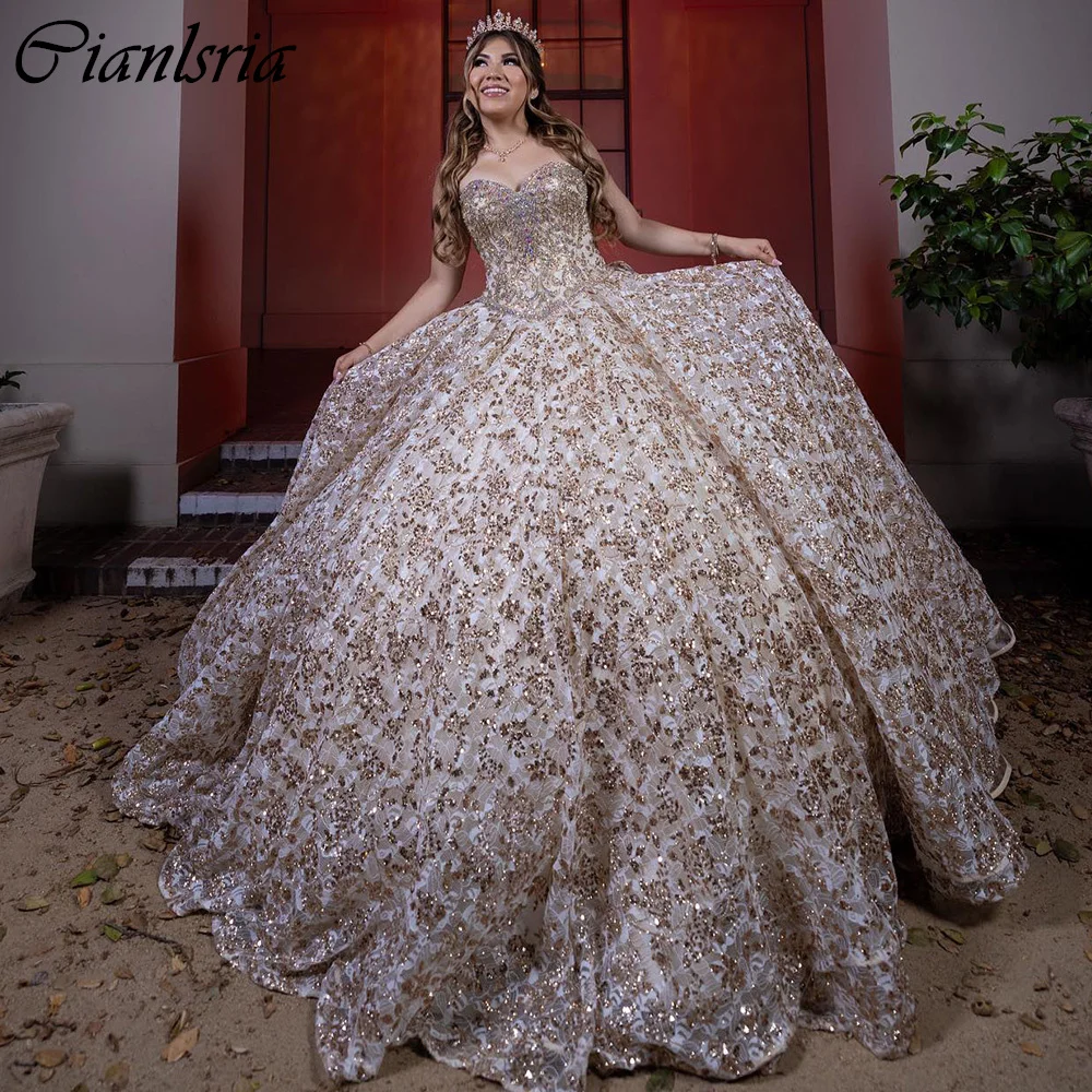 

Champagne Sweetheart Ruffles Bow Ball Gown Quinceanera Dresses Sequined Lace Beading Crystal Corset Vestidos De 15 Años