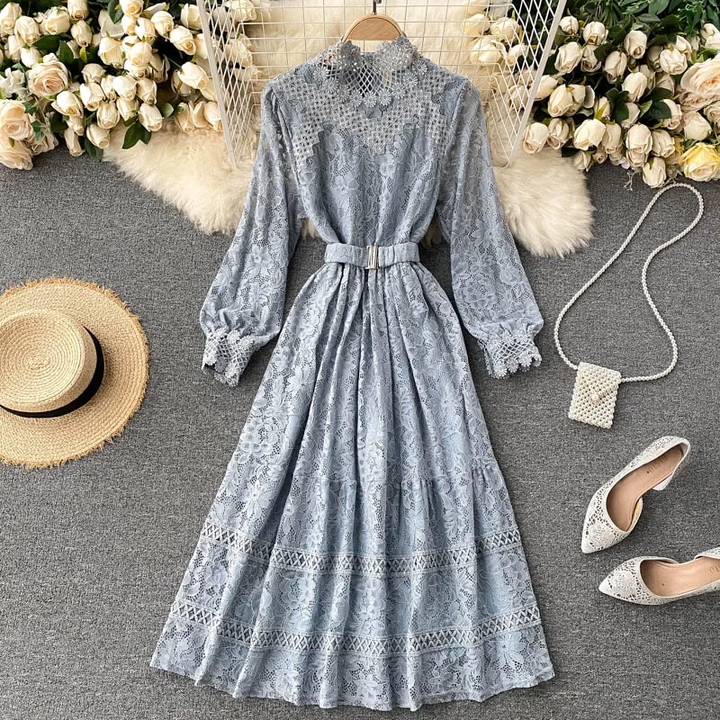 

With Belt Autumn Elegant Crochet Lace Dress Gentle Women Hollow Out Party Dress Female A Line Large Hem Long Dresses Vestidos