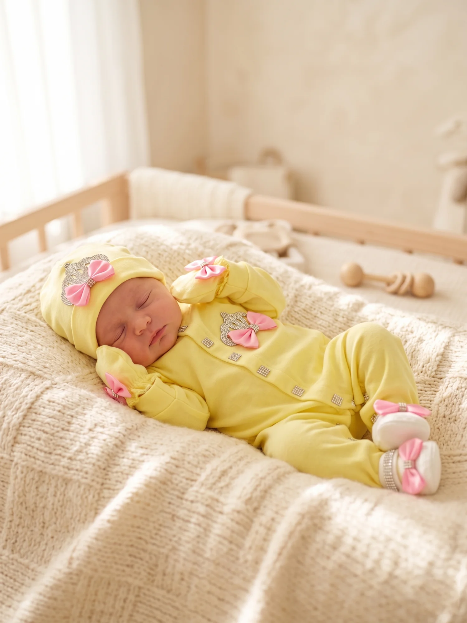 Entzückendes Neugeborenen-Baby-Mädchen Prinzessin Gelbe Krone Schleife Strampler mit Füßen 3-teiliges Set Babyparty Geburtstag Foto-Outfit Geschenkbox – Detail 2