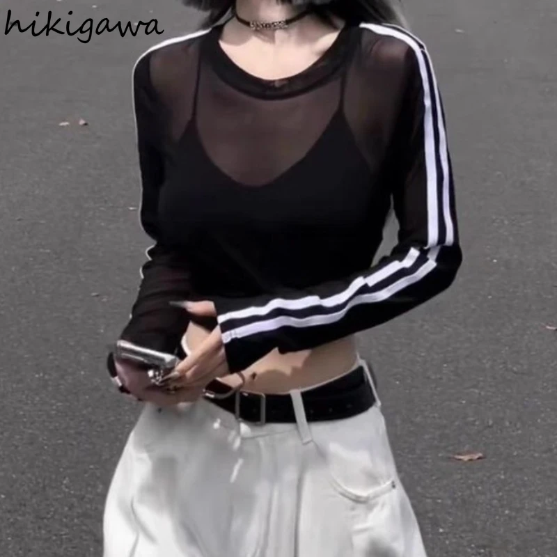 

Черные футболки Harajuku для женщин 2025 Ropa Mujer, модные марлевые футболки с круглым вырезом и длинными рукавами, топы Y2k, прозрачная футболка