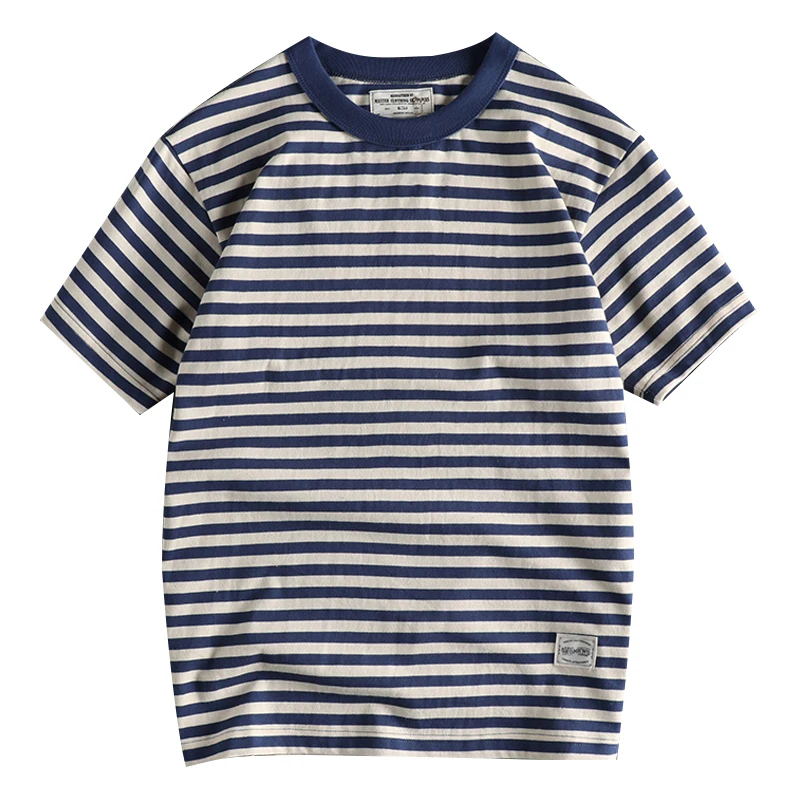 Vintage Sailor\'s Striped T Shirts for Men Summer Half Sleeve 250GSM Heavy 100% Cotton Washed T-shirt for Youth Male Tees Tops