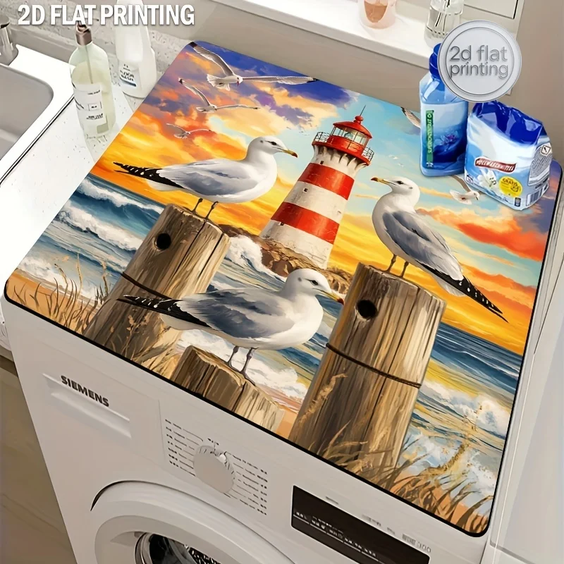 1pc of a Dish Drying Mat, a Dust Cover Pad for Washing Machines, And a Coffee Machine Mat Featuring Seagulls, Birds, a Beach, An