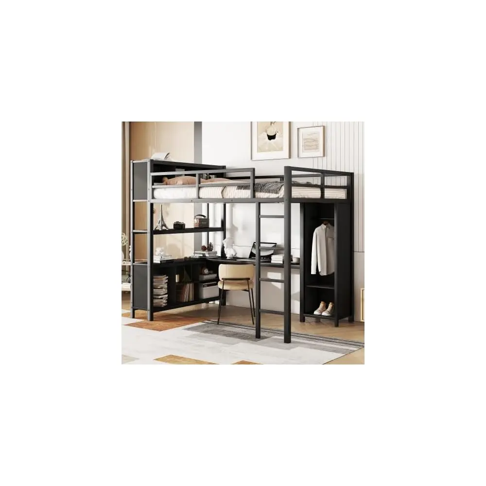 

Metal Loft Bed With Wardrobe And L-Shaped Desk, Full Size Loft Bed With Storage Cubes And Shelves, Loft Bed With Cabinet And