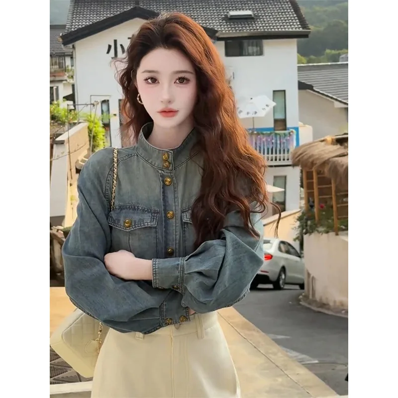 

Blue Denim Shirt with Vest Top Layered Early Autumn Long Sleeve Loose Fit Urban Fashion Pure Color Commute Shirt