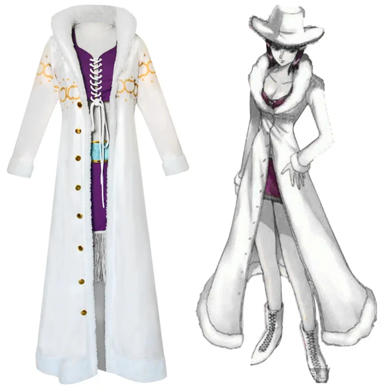 2025 NewAnime Nico Robin Cosplay Costume Miss Allsunday Large Fur Collar White Cape Windbreaker Woman Sexy Halloween Carnival AA