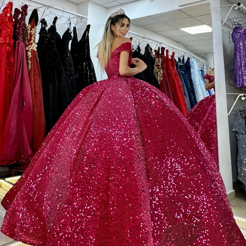 Rose Red Off Shoulder Quinceanera Dresses Vestidos De 15 Quinceañera Luxury Sequins Sweet 16 Ball Gown Prom Dresses