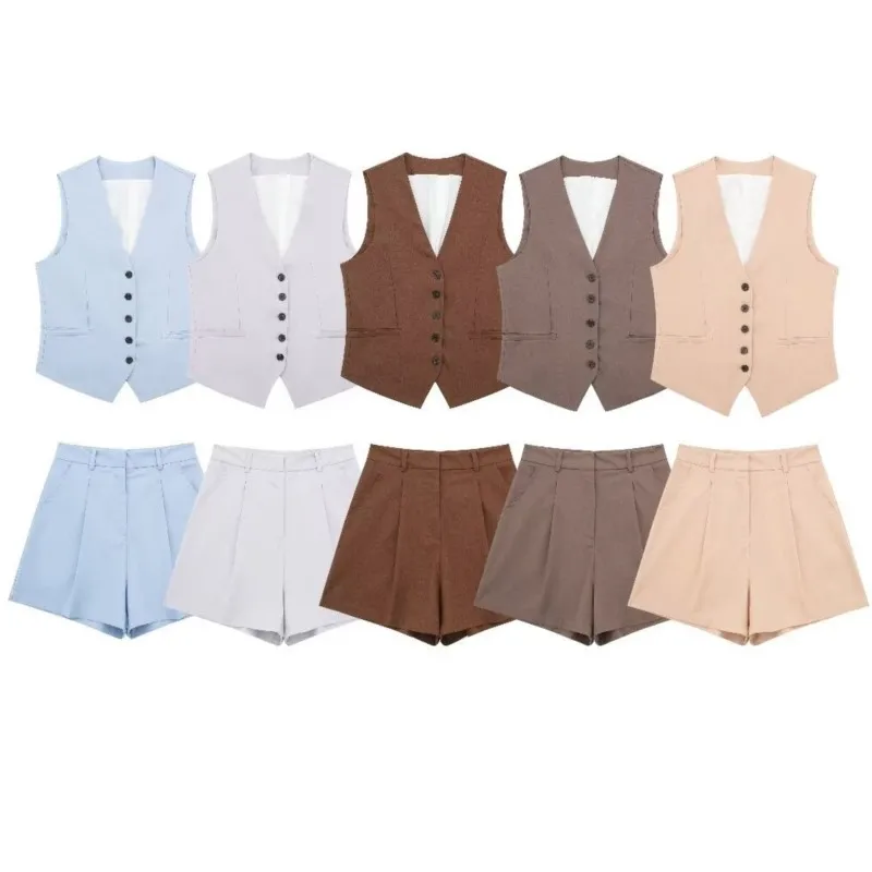 2024 summer new European and American women's linen blend vest + shorts set