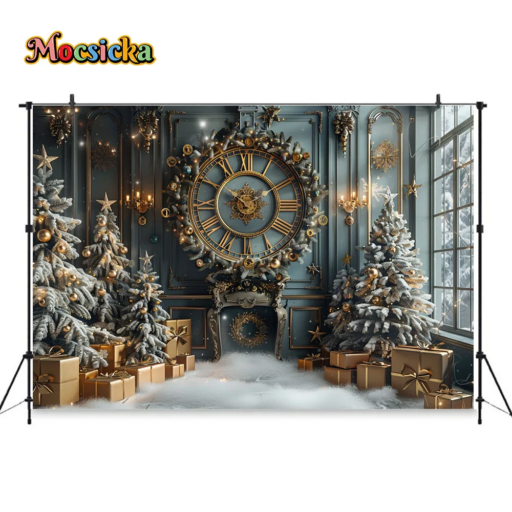 Christmas Photography Background Gold Clock Xmas Tree Decor Family Portrait Backdrop Winter Kid Birthday Indoor Palace Booth