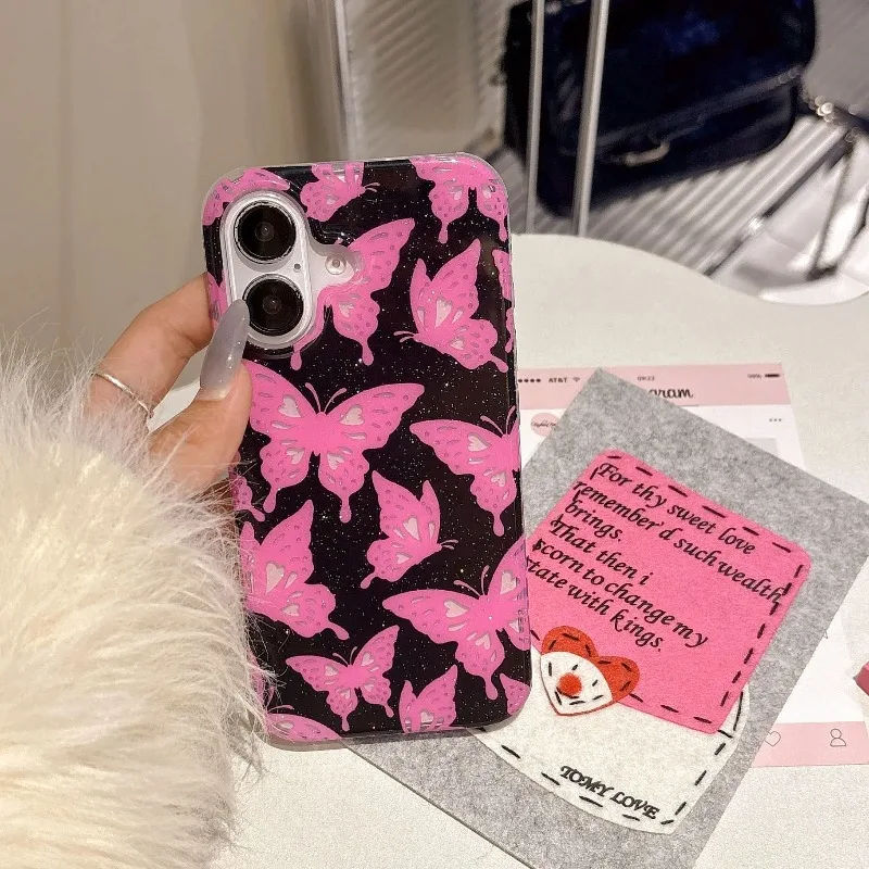 Glitter Pink Butterfly Totem Shiny Girl Phone Case For IPhone 16 15 14 13 Pro Max Case Cute Luxury Cartoon Shockproof Soft Cover