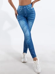 New women's trend skinny imitation denim printed cropped pants sexy high stretch leggings hip lift fake pocket cropped pants