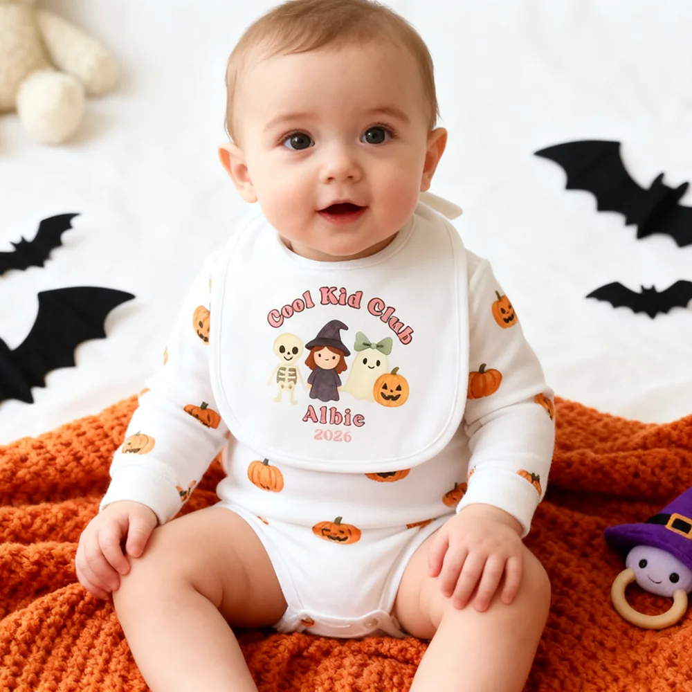 مخصص الطفل الأولى هالوين مريلة الهيكل العظمي الساحرة الأطفال بنين بنات هالوين الخريف ديكور الحفلات الوليد الزي مريلة استحمام الطفل #5