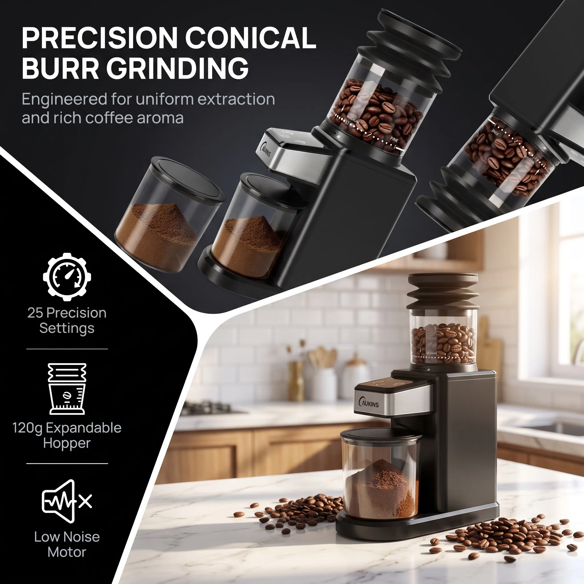 Electric Coffee Grinder for Home & Office: Automatic Conical Burr Coffee Grinder wtih 25 Precision Grind Settings