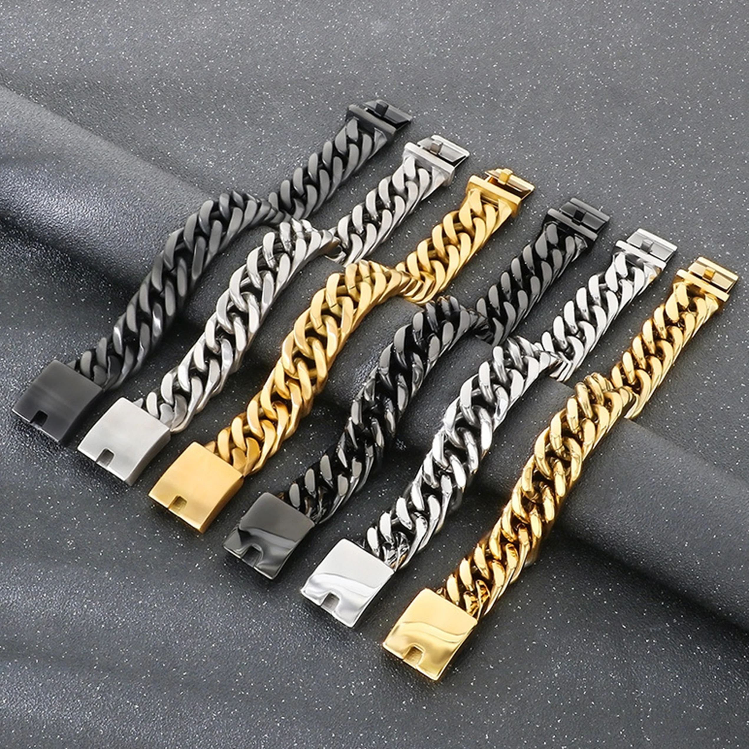 Heavy 17mm 9inch Stainless Steel Double Row Curb Cuban Chain Bracelet Polished / Brushed Punk Jewelry for Men