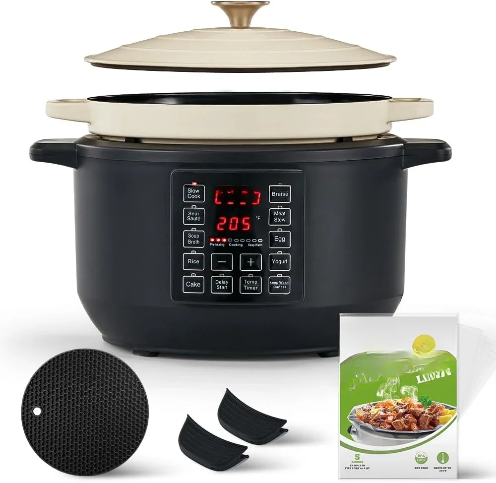 Forno holandês elétrico KOOC, 6 quart branco, cozinheiro lento, assar, ensopado de carne, grelha, esmalte, ferro fundido, 10 em 1