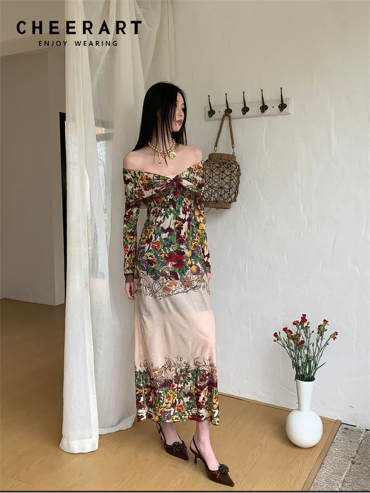 CHEERART Designer Vintage Floral Off The Shoulder Long Sleeve Midi Elegant Luxury Dresses Women 2024 Spring Summer Clothes