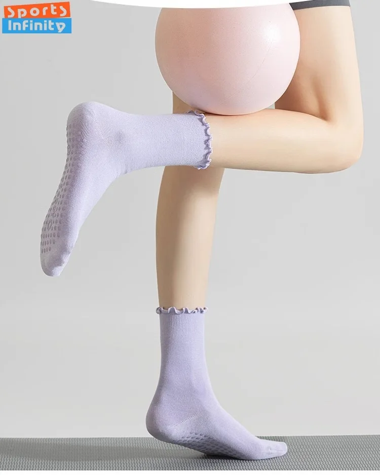 Kaos kaki yoga wanita anti selip untuk musim semi dan panas, model mid tube dengan pinggiran gulung, untuk tari, kebugaran, olahraga, anti bau, katun, Pilates