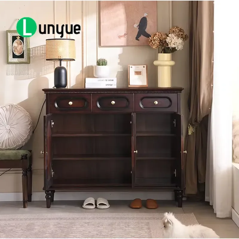 American Solid Wood Shoe Cabinet Dark Walnut Porch Locker with Drawers and Doors for Hallway Entryway Storage Furniture