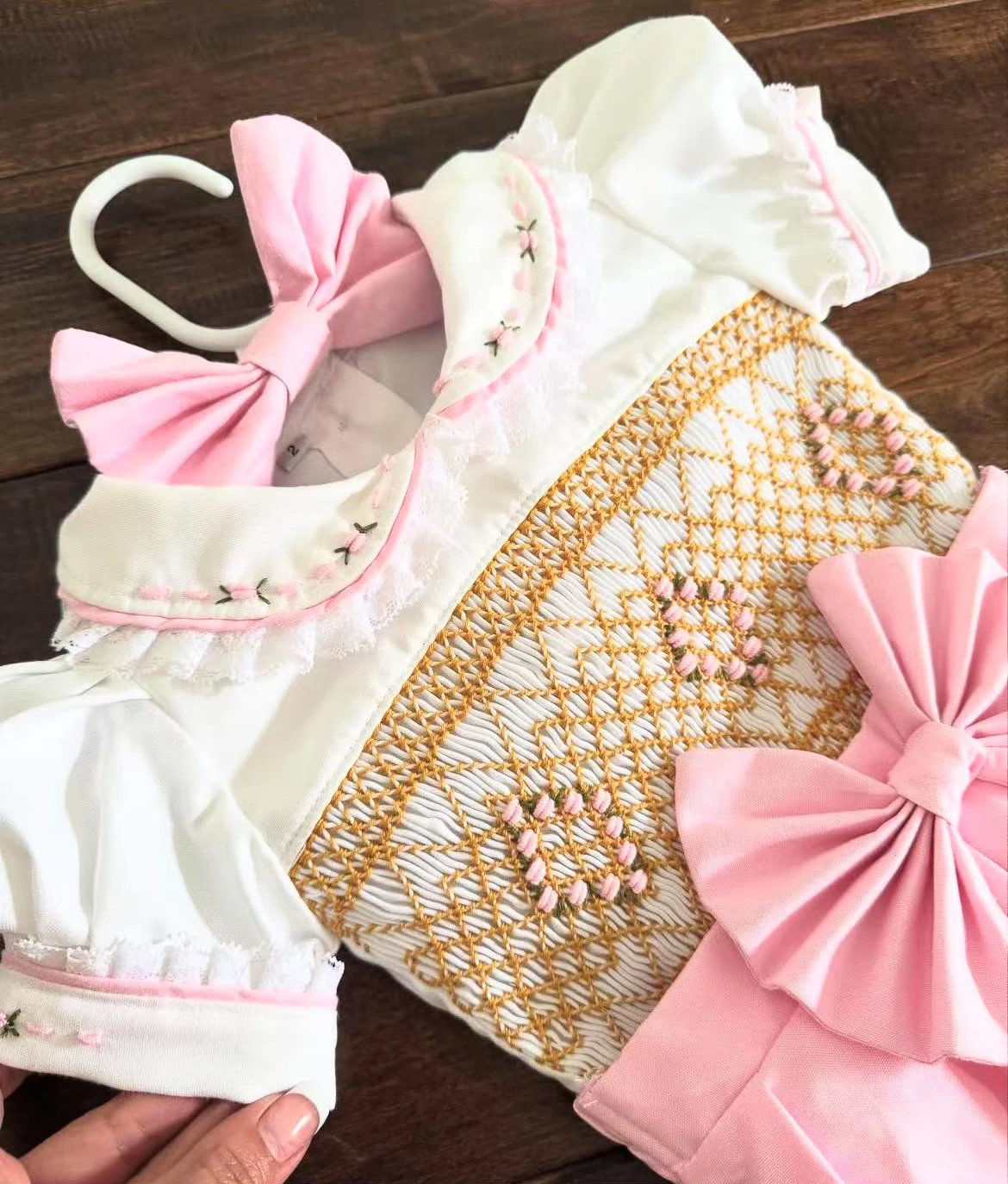0-6Y Girl Summer White Pink Smocked Outfit Suit for Party Birthday A185
