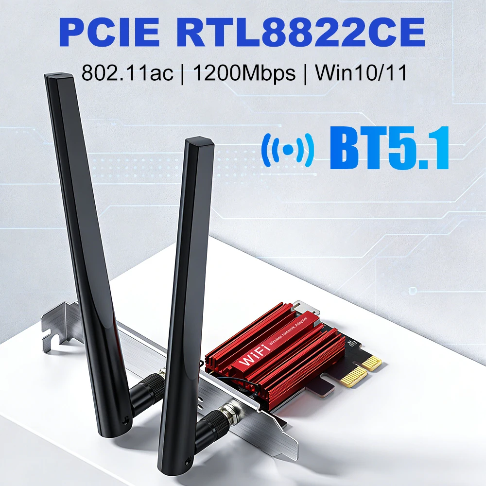 

RTL8822CE BT5.1 1200 Мбит/с AC1200 Wi-Fi адаптер PCIe, двухдиапазонная беспроводная сетевая карта 2.4G/5GHz для настольных ПК, совместимая с Win10/11