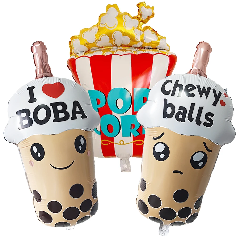 Globo de palomitas de maíz de té de la leche Boba de dibujos animados para niños, niñas y niños, suministros de decoración para fiesta de té nocturna de película, regalos de recuerdo para niños