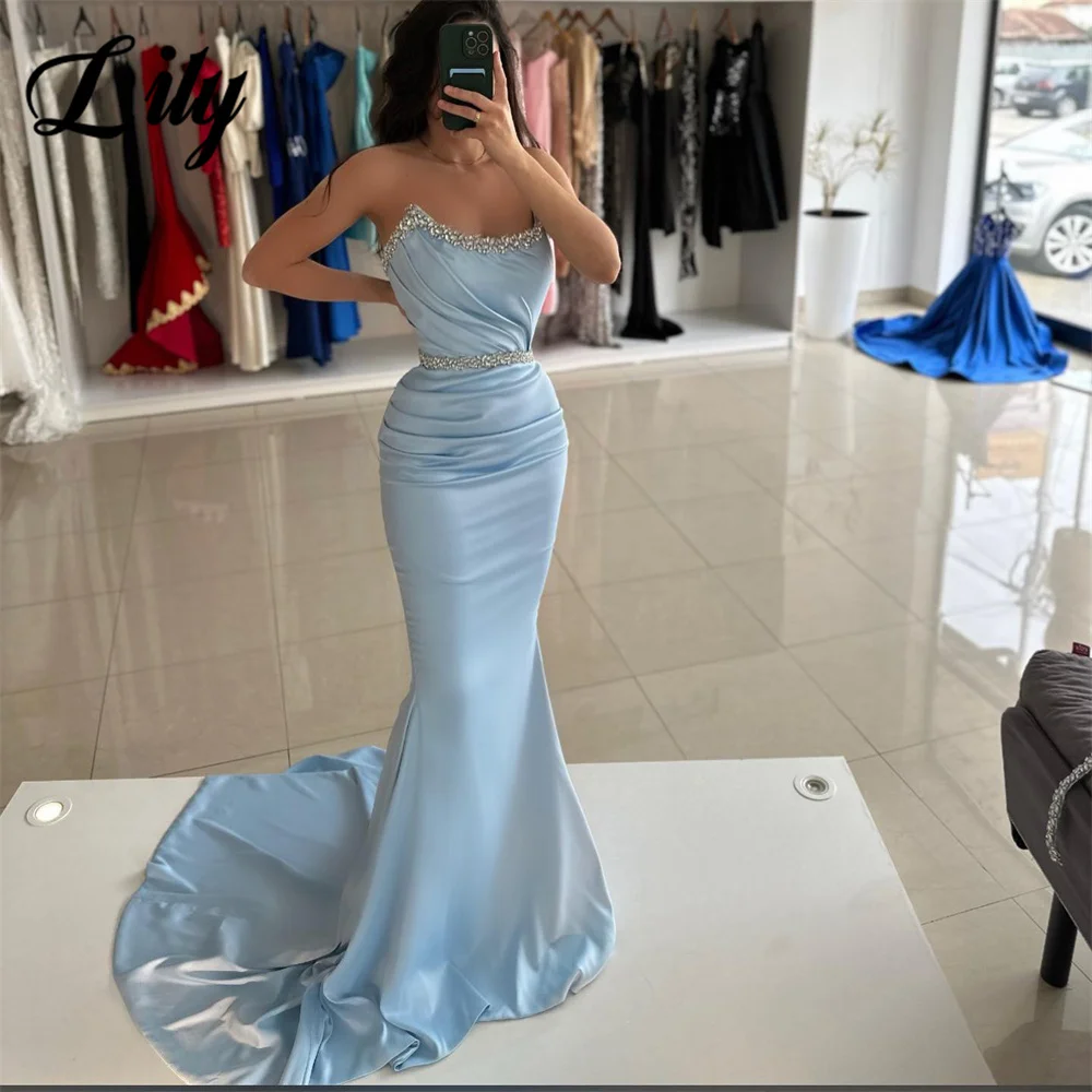 

Lily Sky Blue Party Dresses O-Neck Trumpet Night Dresses with Pleats Stain Sleeveless Celebrity Dresses فساتين مناسبة رسمية