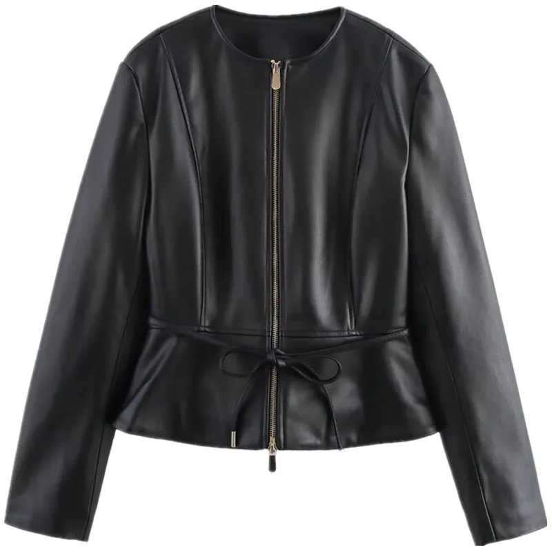 กระโปรงทรงเอ ผู้หญิง ฤดูใบไม้ผลิ 2025 เสื้อโค้ททรงสลิม แขนยาว หนังเทียม รุ่นใหม่ล่าสุด ชายกระโปรงบาน แฟชั่นสำหรับสุภาพสตรี