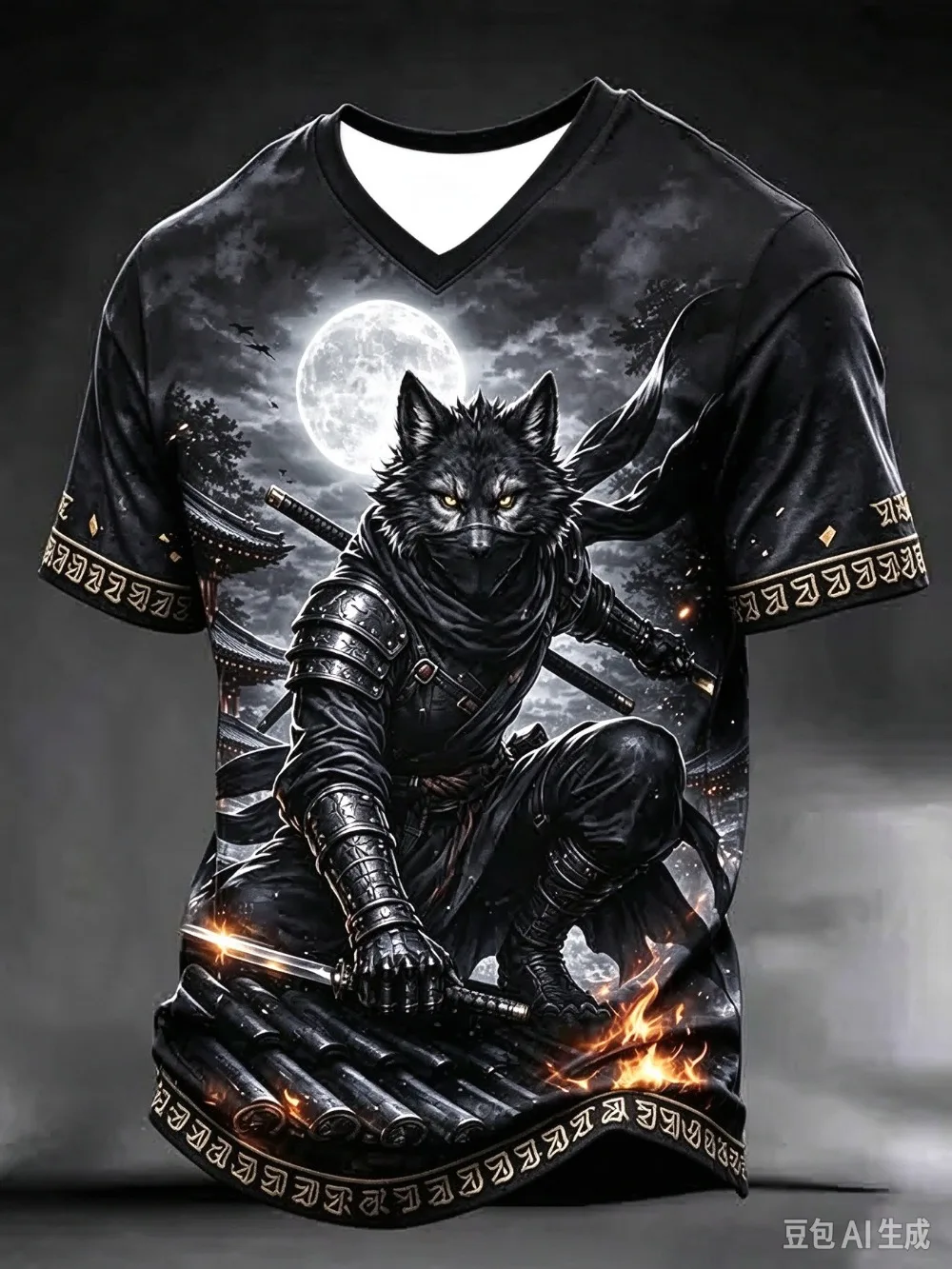 Japanese-style Wolf Ninja 3D Print Sport Quickdry Breath Men V-neck T-shirt Outdoor Street Casual Fashion Train Parent-Child Top