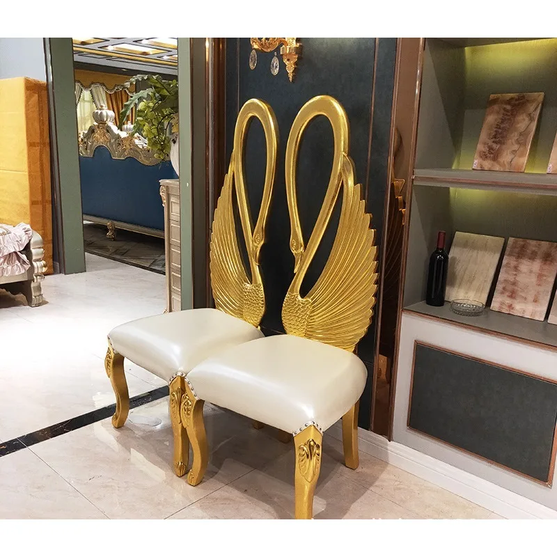European solid wood carved image chair, first-layer leather swan chair, new high-back chair for high-end clubhouse hotels