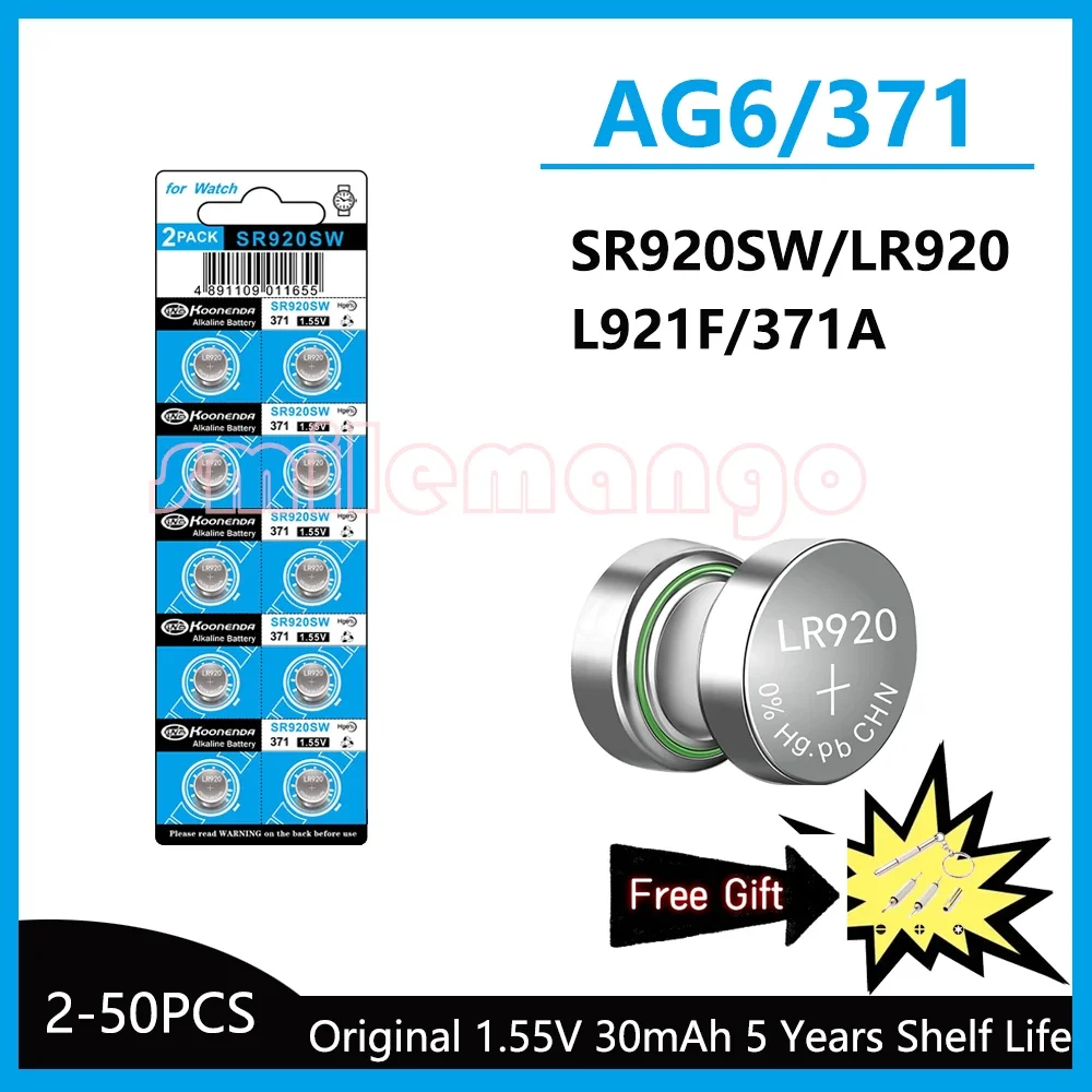 20-50PS 1.55V AG6 30mAh 371 Button Batteries SR920SW LR920 SR927 171 370 L921 LR69 SR920  For Watch Toys Remote Cell Coin Batter