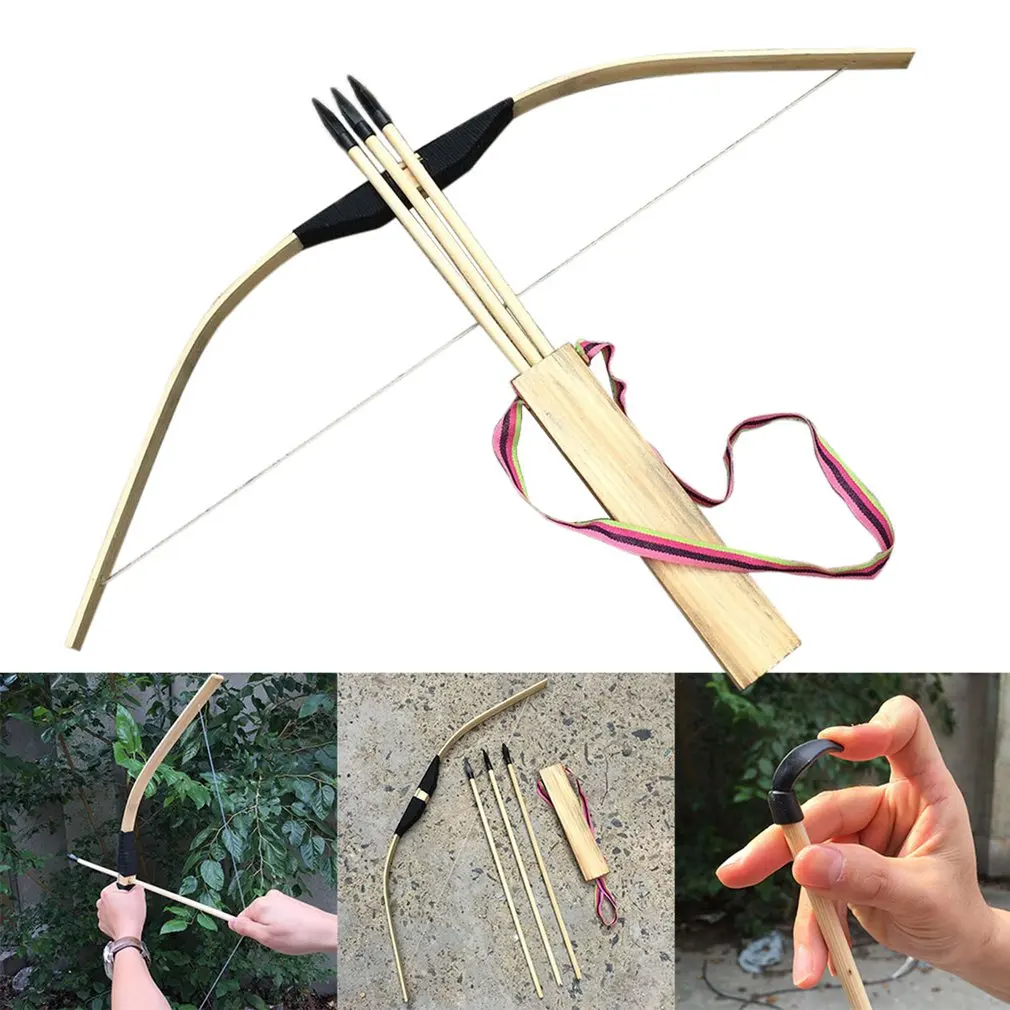 

Bamboo Wooden Bow Children Bows And Arrows With 3 Safety Arrow Quiver Arm Guard Set For Outdoors Archery Hunting Toys Kid's Gift