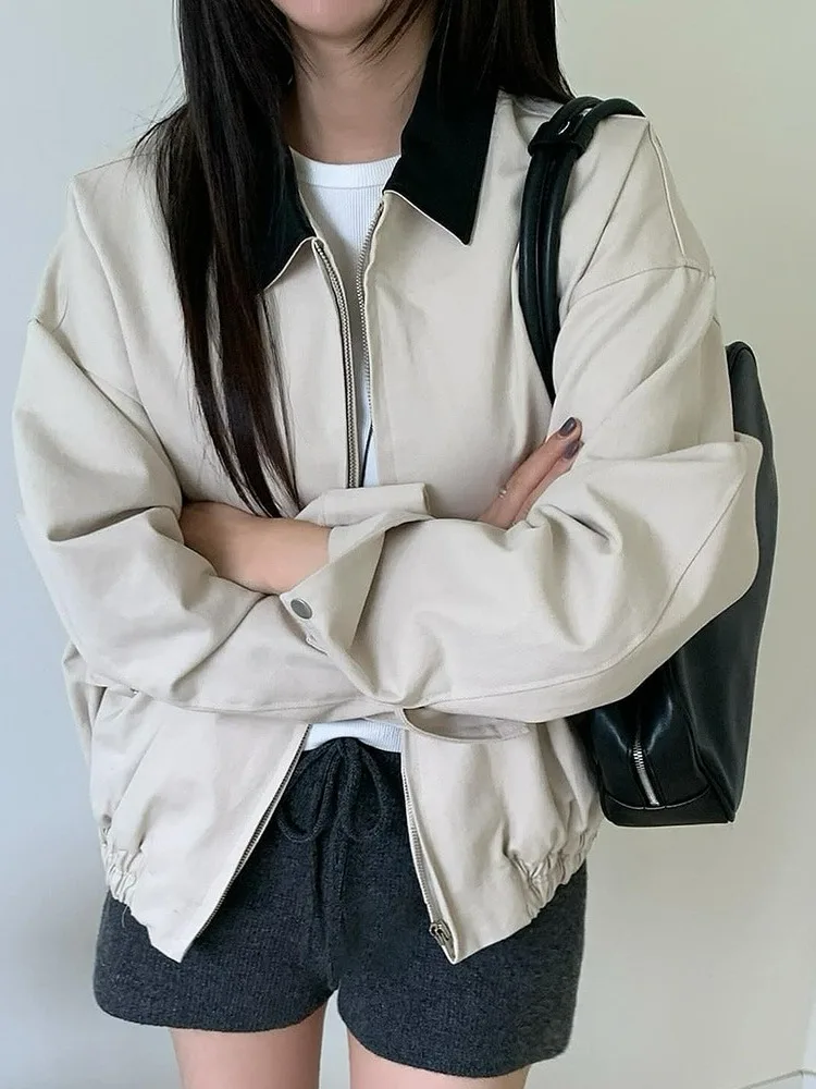 

Loose Korean Sle Women's Jaet Outerwear Autumn Faion Briti Retro Long Sve Leather Patchwork Top Quali irt