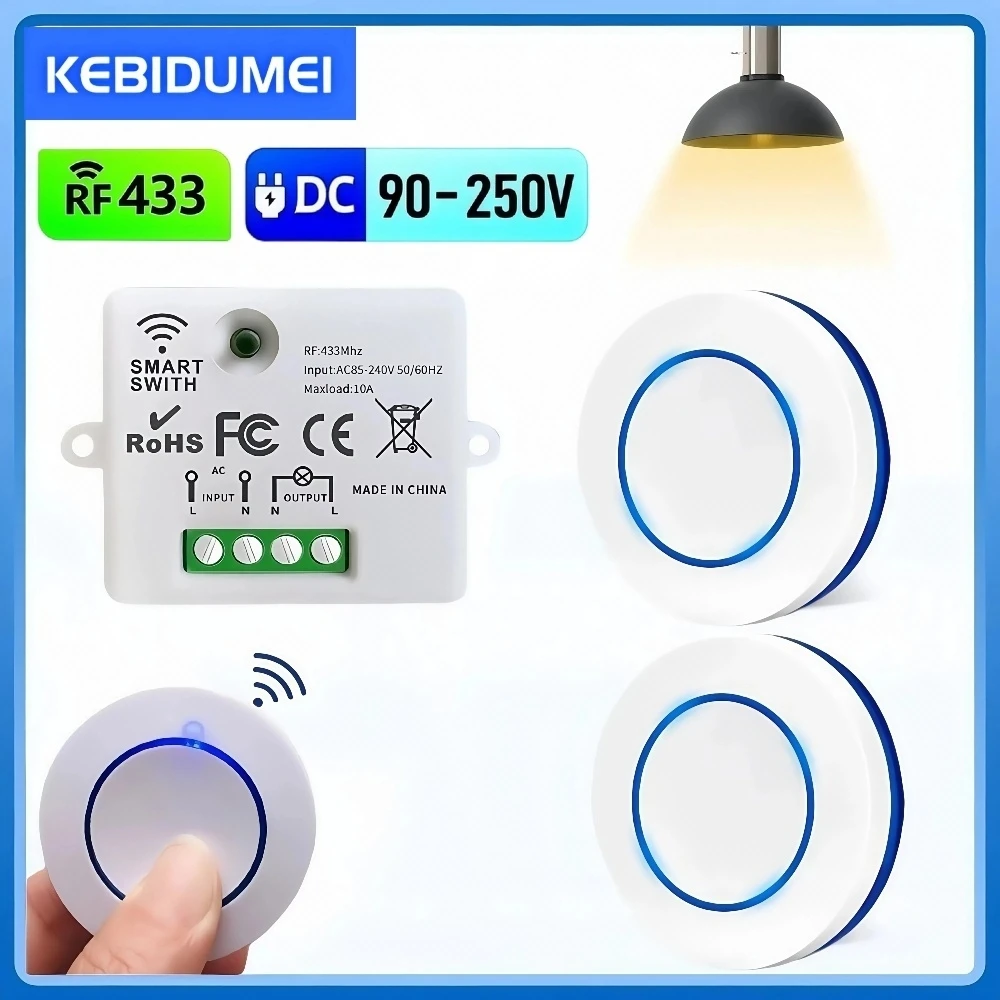

RF 433MHz Wireless Remote Control Light Switch 220V 110V 10A Relay Receiver Mini Round Button Wall Panel Switch For LED Lamp