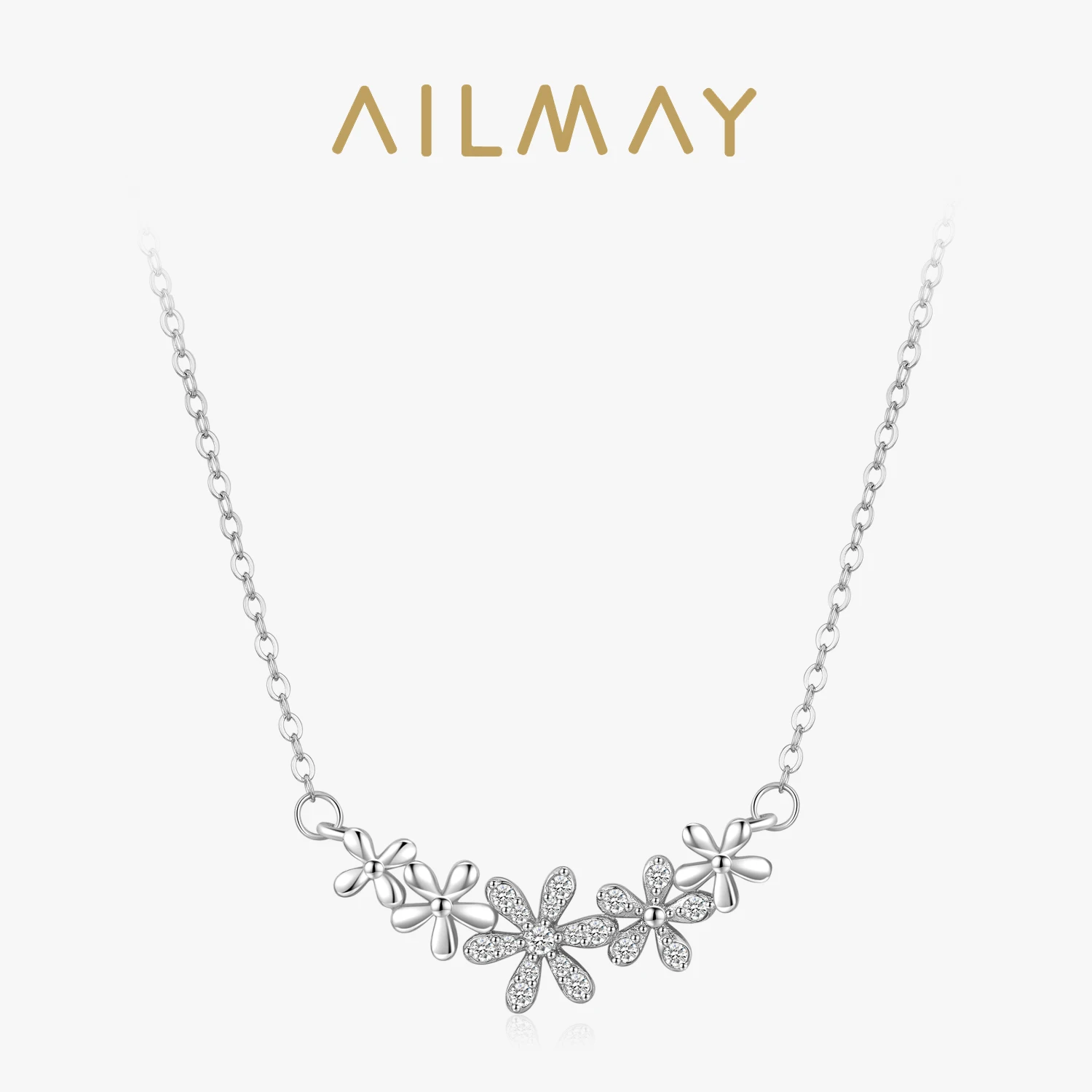 Ailmay Elegant 925Sterling Silver beautiful Daisy Smiling flower Pendant Necklaces Clear Zircon for Women Silver Popular Jewelry